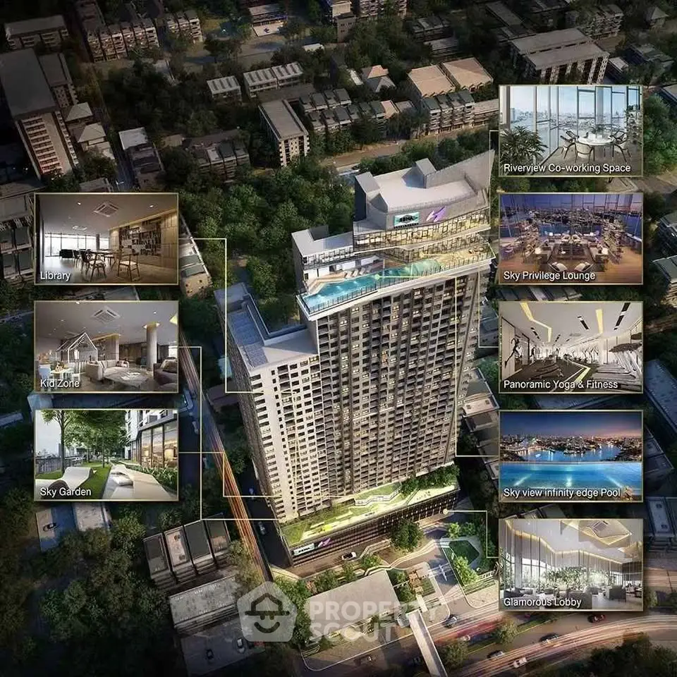 Luxurious high-rise building with amenities like pool, gym, and co-working space in urban setting.