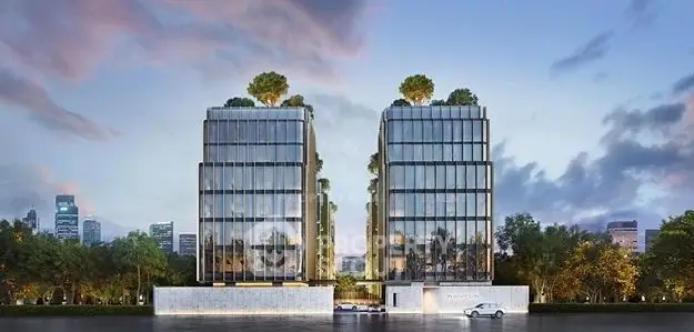 Luxurious modern twin towers with lush rooftop gardens and sleek glass facade.