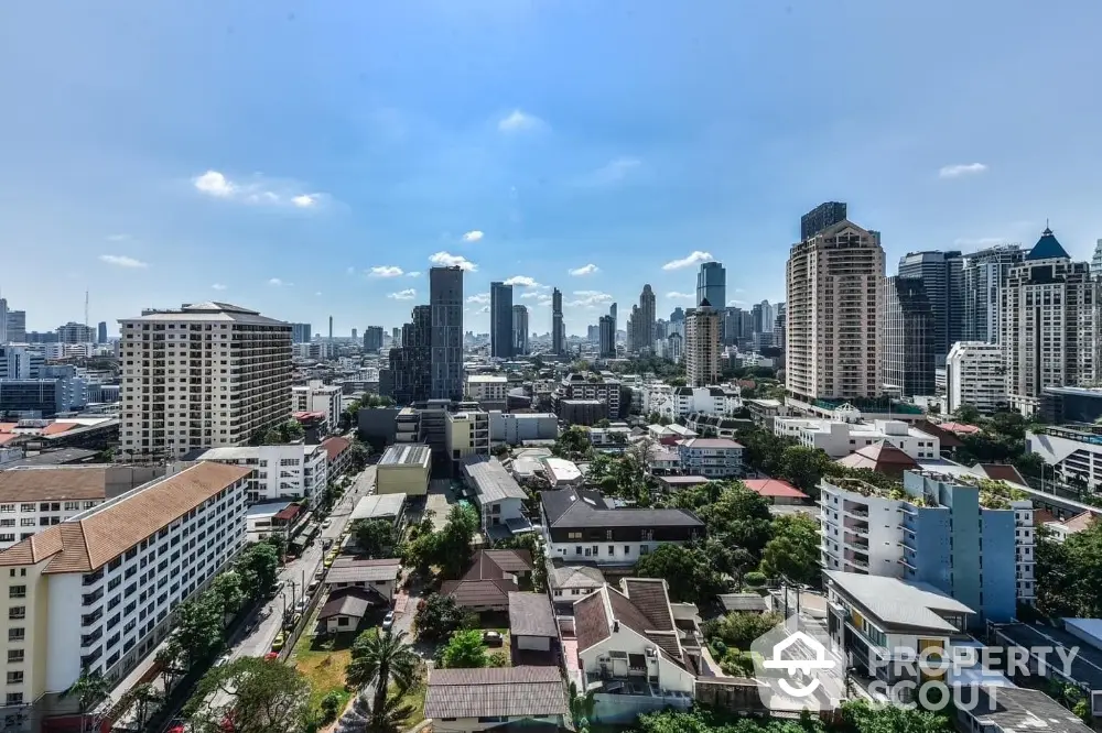 Stunning cityscape view of modern skyline with diverse architecture and clear blue sky.