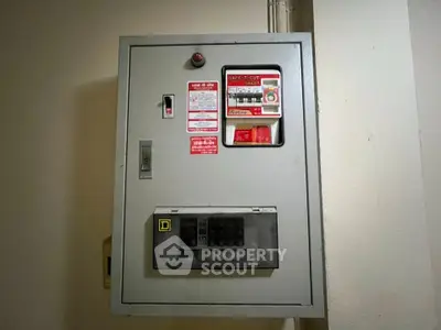 Electrical panel in a building showcasing safety features and circuit breakers.