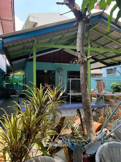 Charming backyard with lush greenery and covered patio in a cozy residential setting.