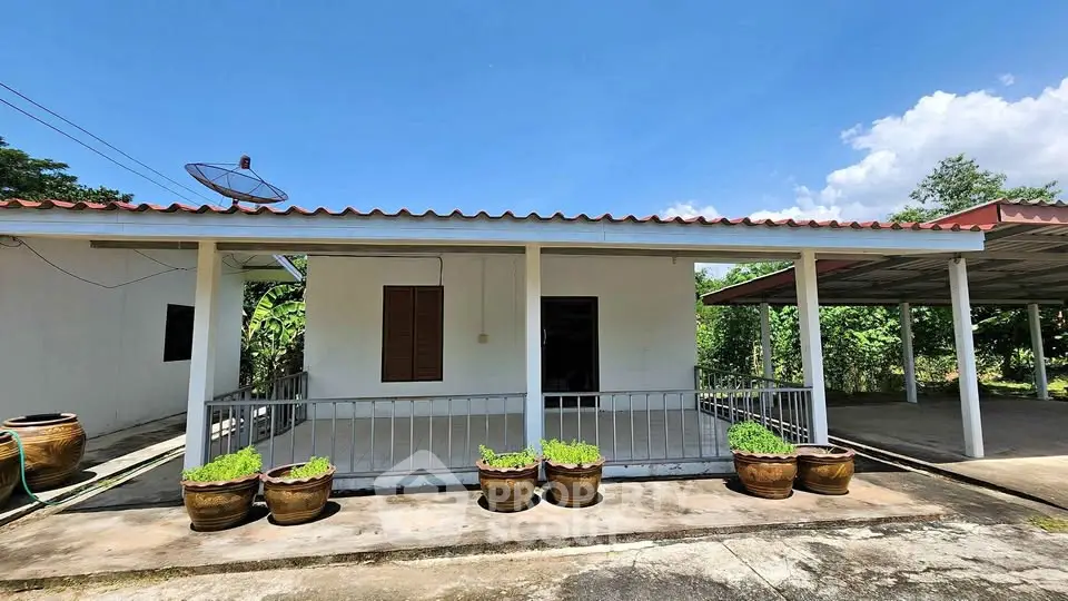 Charming single-story home with covered porch and lush greenery, perfect for serene living.