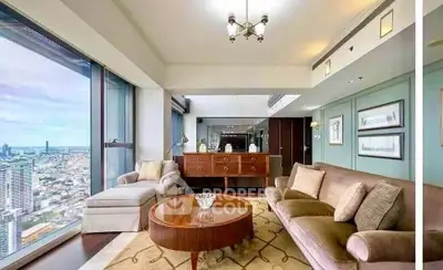 Luxurious high-rise living room with stunning city view and elegant furnishings.