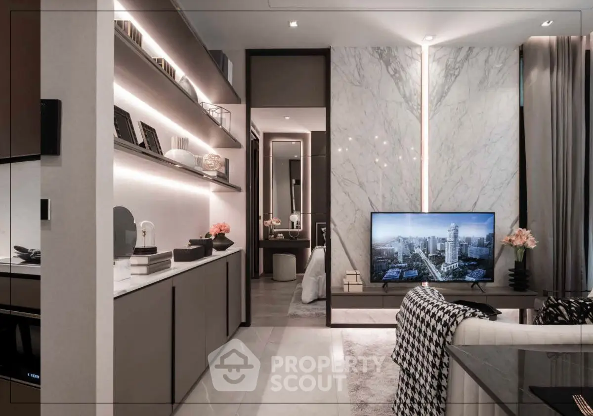 Luxurious modern living room with sleek design and marble accents