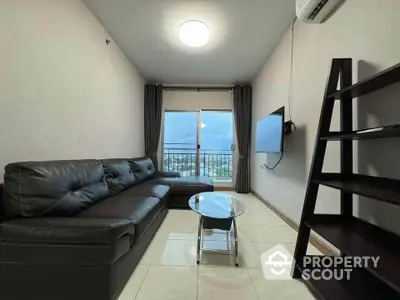 Modern living room with leather sofa and city view balcony