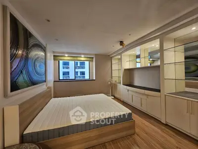 Spacious bedroom with modern design and large window view