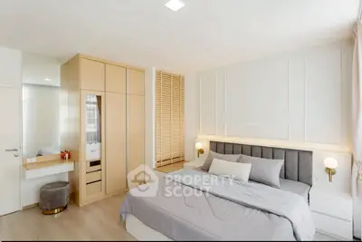 Modern bedroom with stylish decor and ample natural light