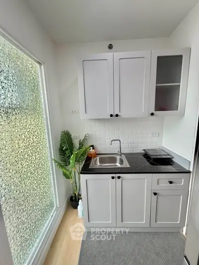 Modern compact kitchen with sleek cabinetry and large frosted window for natural light.