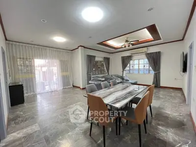Spacious modern living room with elegant dining area and large windows