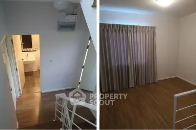 Modern interior with wooden flooring and elegant curtains in a cozy residential space.