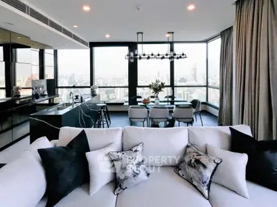 Luxurious modern living room with panoramic city views and elegant decor