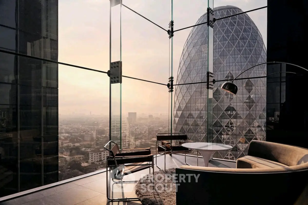 Luxurious high-rise living room with stunning cityscape view and modern furnishings.