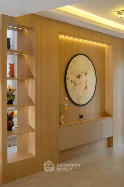 Modern living room with stylish wooden shelving and artistic wall decor