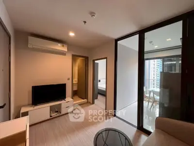 Modern living room with balcony view in a stylish apartment