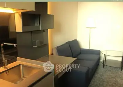 Modern compact living room with sleek kitchen and cozy sofa