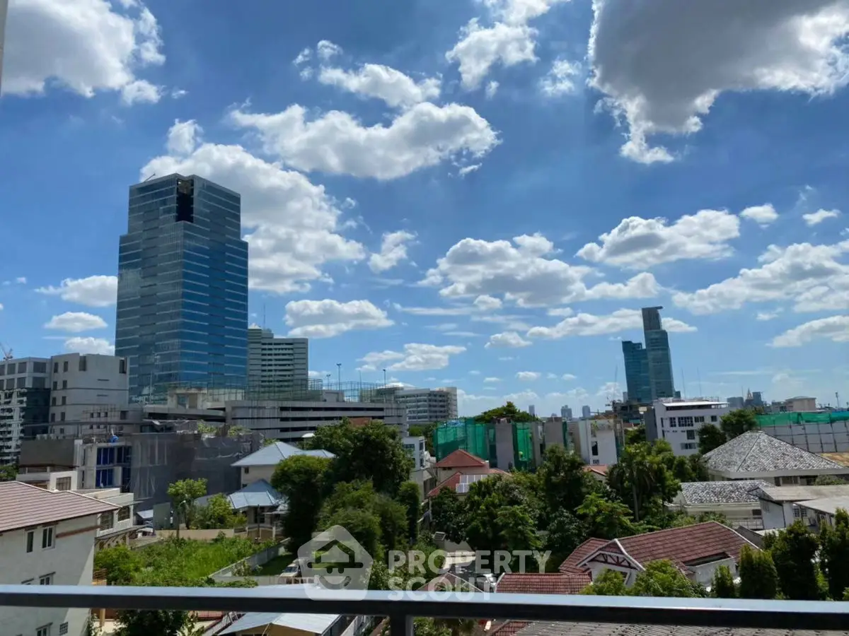 Stunning cityscape view with modern skyscrapers and lush greenery under a vibrant blue sky.