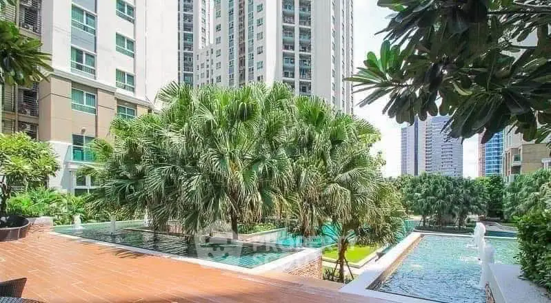 Luxurious urban oasis with lush greenery and modern high-rise buildings