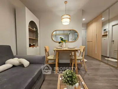 Modern living room with cozy dining area and stylish decor