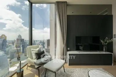 Luxurious modern living room with stunning city view and elegant decor.