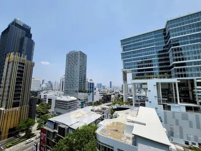Stunning cityscape view showcasing modern high-rise buildings under a clear blue sky.