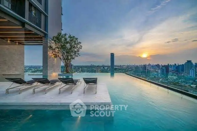 Luxurious rooftop infinity pool with stunning city skyline view at sunset.