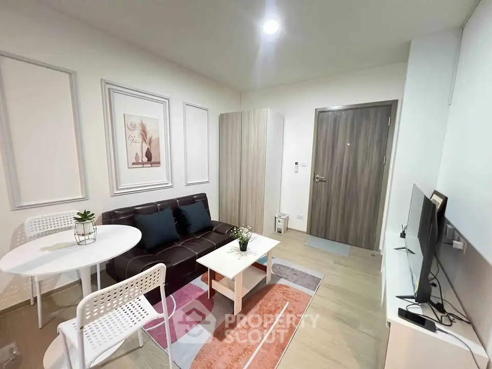 Modern living room with stylish decor and cozy seating area