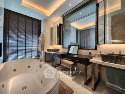 Luxurious bathroom with jacuzzi tub and elegant vanity in modern home
