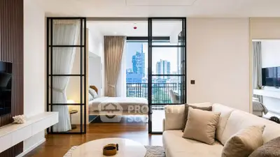Luxurious modern living room with city view and elegant bedroom separation.