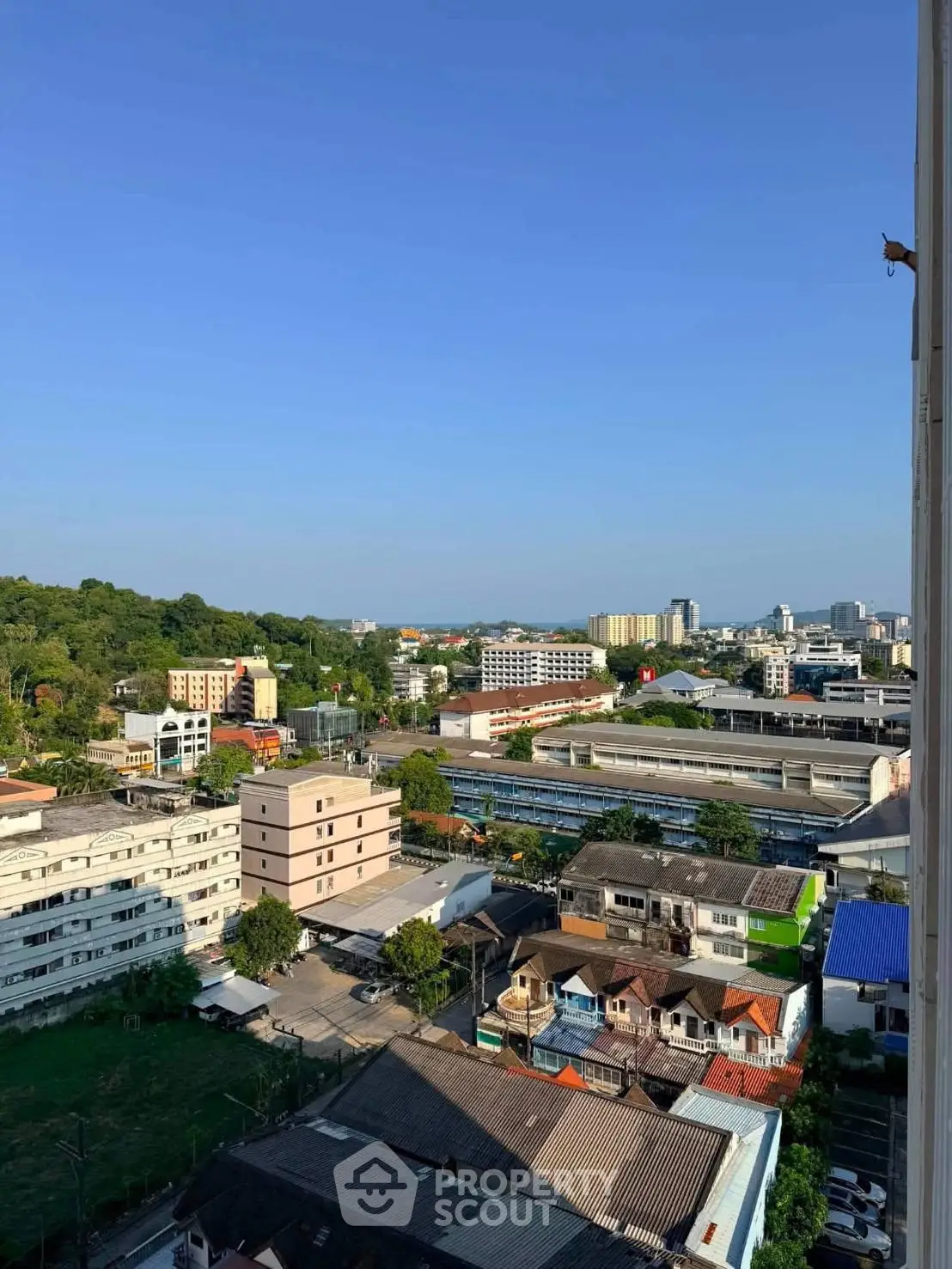 Stunning cityscape view from high-rise building showcasing urban landscape and greenery.