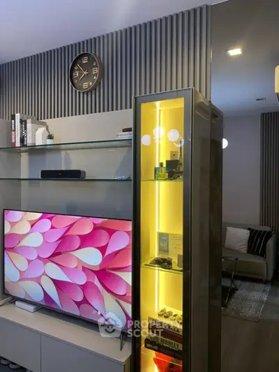 Modern living room with stylish decor and entertainment center