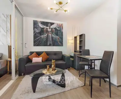 Modern living room with stylish decor, featuring a cozy sofa, chic coffee table, and elegant lighting.