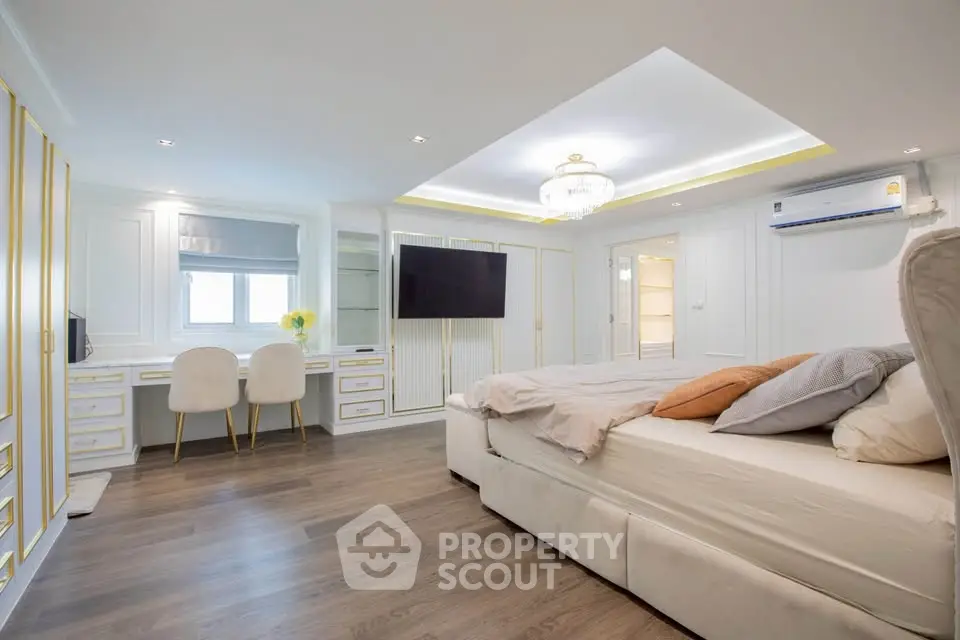 Luxurious bedroom with elegant decor and modern amenities, featuring a plush bed and stylish furniture.