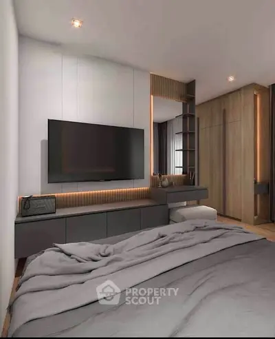 Modern bedroom with sleek design, featuring a wall-mounted TV and stylish cabinetry.