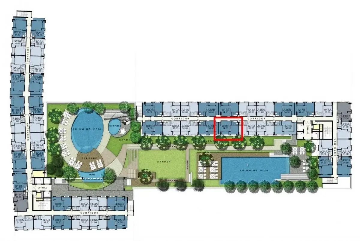 Detailed floor plan showcasing luxurious amenities and pool area in modern residential complex.