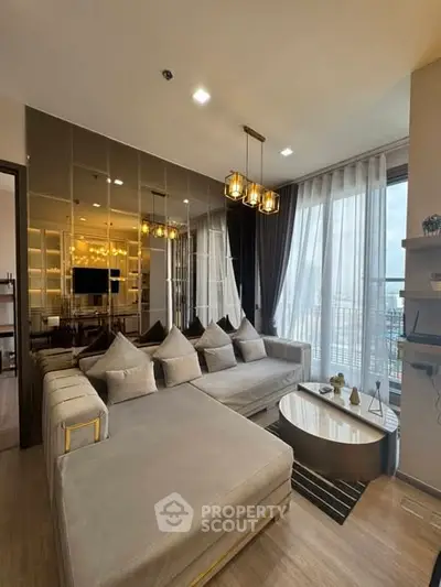 Luxurious modern living room with elegant decor and stunning city view.