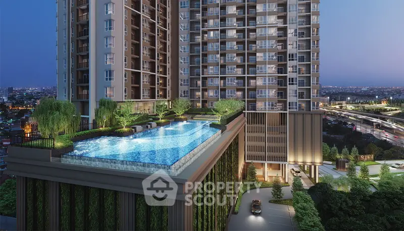 Luxurious high-rise building with stunning rooftop pool and city view