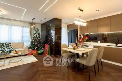 Modern living room with Christmas decor and open kitchen layout
