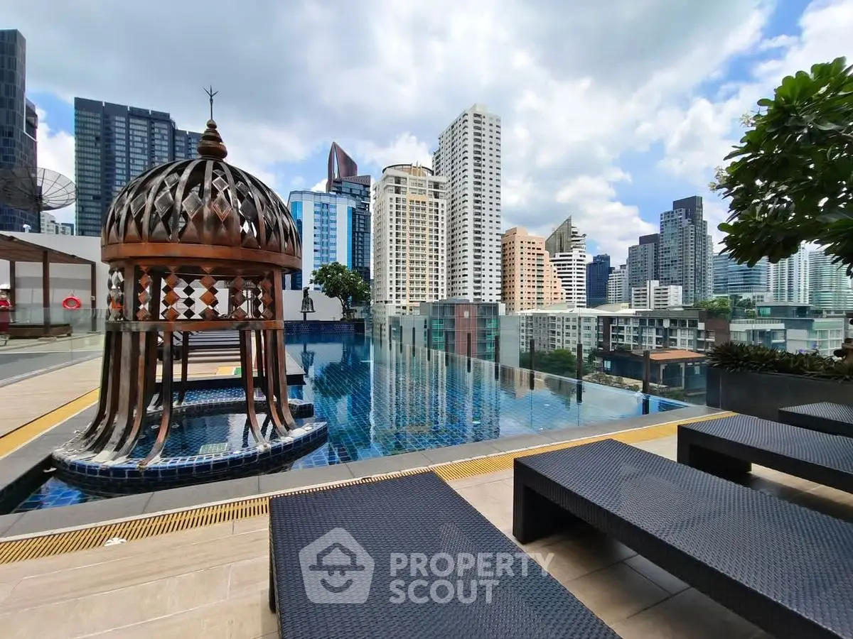 Luxurious rooftop pool with stunning city skyline views in modern urban setting.
