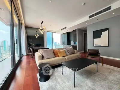 Luxurious modern living room with city view, elegant furniture, and floor-to-ceiling windows.