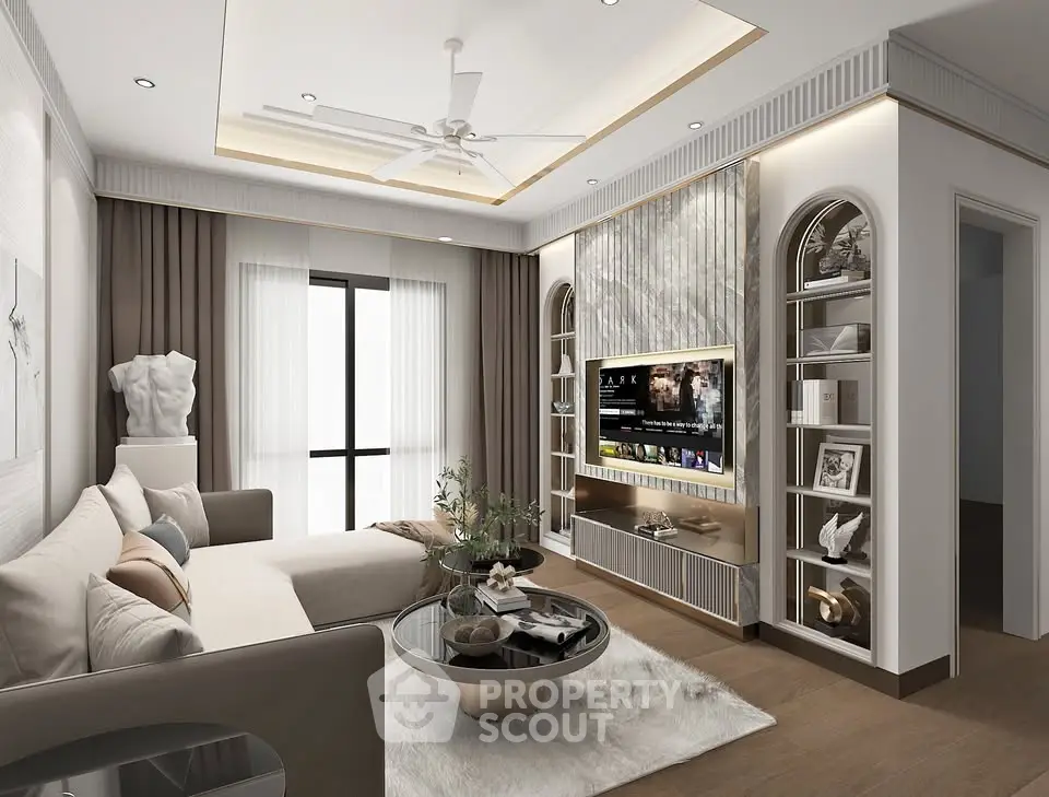 Luxurious modern living room with elegant decor and built-in entertainment center.