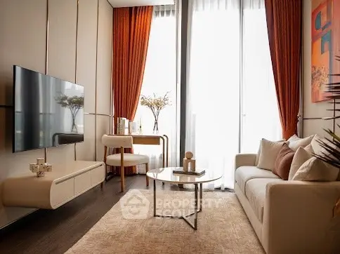 Elegant living room with modern decor and floor-to-ceiling windows