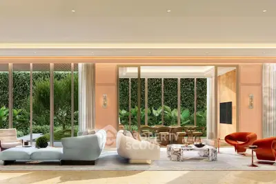 Luxurious modern living room with elegant furniture and garden view, perfect for sophisticated living.