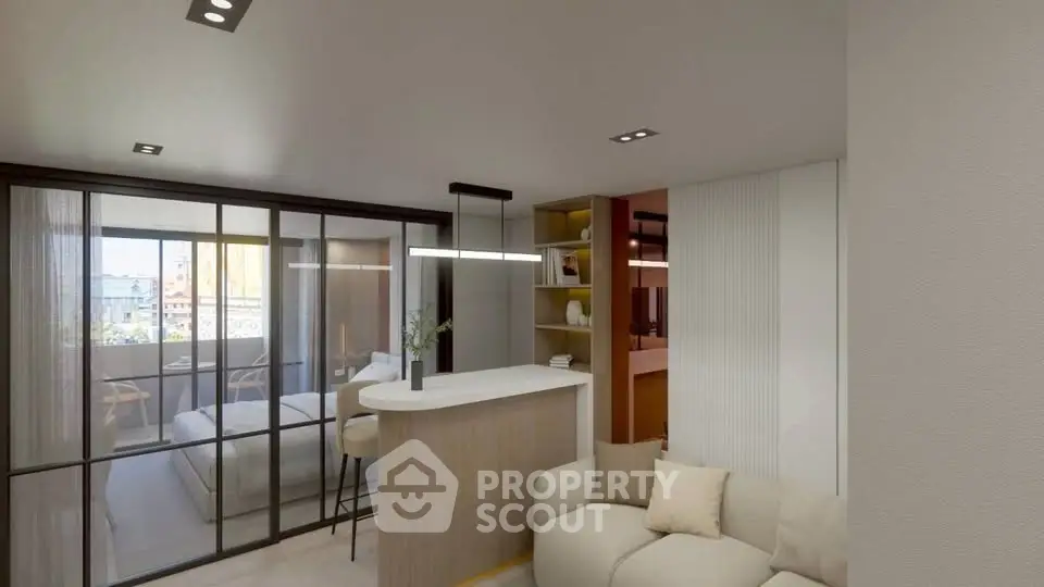 Modern living room with open layout and glass partition to bedroom, featuring cozy seating and stylish decor.