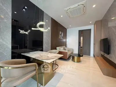Luxurious modern living room with marble table and elegant lighting