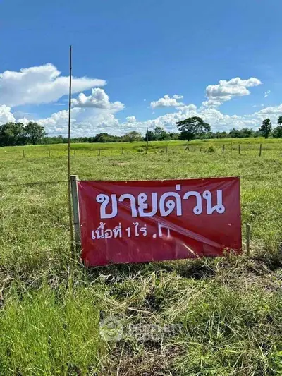Expansive green field with a red sale sign under a bright blue sky.