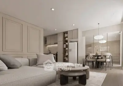 Modern living room with elegant decor and open kitchen layout