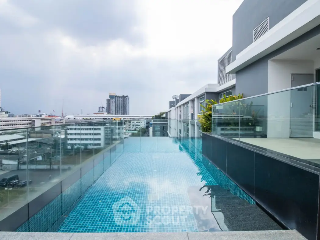 Luxurious rooftop pool with stunning city views in modern apartment complex.
