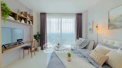 Spacious bedroom with modern decor and large window offering stunning views.