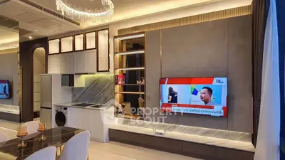 Luxurious modern living room with integrated kitchen and stylish decor