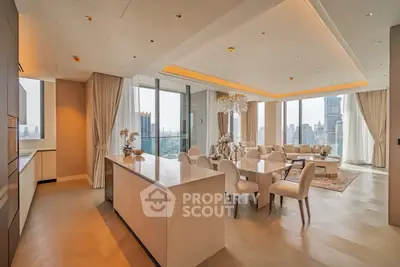 Luxurious open-plan living room with panoramic city views and elegant dining area.